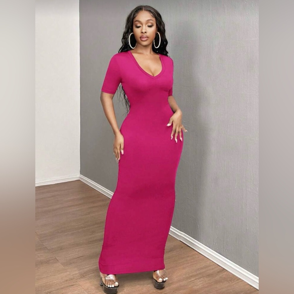 •The V-Spot• Hot Pink Bodycon Maxi Dress | Sexy Curve Hugging V Neck Glam Dress - Picture 3 of 3